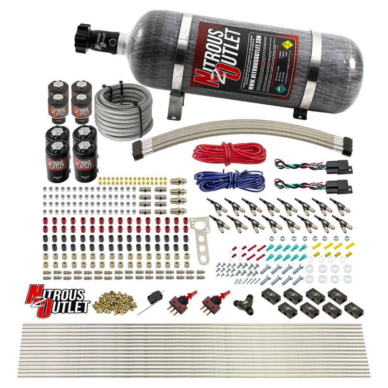 Nitrous Outlet 8 Cylinder Dual Stage Direct Port System - Four .112 Nitrous Solenoids/Four .177 Fuel Solenoids/Compact Distribution Blocks/Compression Fittings/90 Degree Discharge Nozzles (E85)(45-55 psi)(100-400HP)(12lb Bottle)