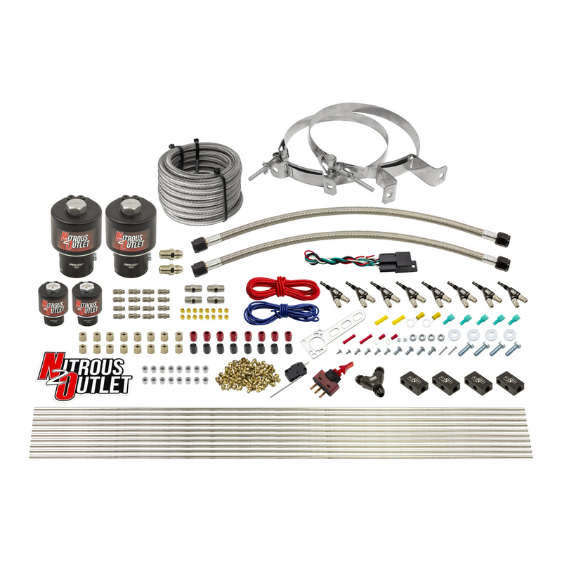 Nitrous Outlet 8 Cylinder Direct Port System - Two .178 Trashcan Nitrous Solenoids/Two .177 Fuel Solenoids/Compact Distribution Blocks/Compression Fittings/90 Degree Discharge Nozzles (E85)(45-55 psi)(100-400HP)(No Bottle)