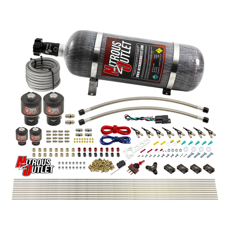 Nitrous Outlet 8 Cylinder Direct Port System - Two .178 Trashcan Nitrous Solenoids/Two .177 Fuel Solenoids/Compact Distribution Blocks/Compression Fittings/90 Degree Discharge Nozzles (E85)(45-55 psi)(100-400HP)(12lb Bottle)