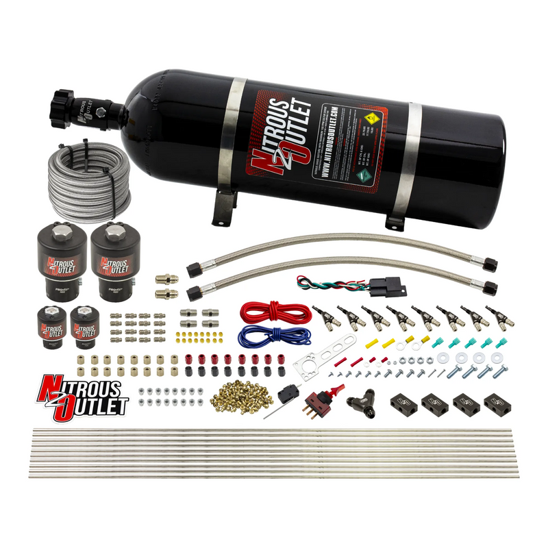 Nitrous Outlet 8 Cylinder Direct Port System - Two .178 Trashcan Nitrous Solenoids/Two .177 Fuel Solenoids/Compact Distribution Blocks/Compression Fittings/90 Degree Discharge Nozzles (E85)(45-55 psi)(100-400HP)(15lb Bottle)