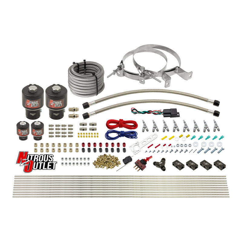 Nitrous Outlet 8 Cylinder Direct Port System - Two .178 Trashcan Nitrous Solenoids/Two .177 Fuel Solenoids/Compact Distribution Blocks/Compression Fittings/Annular Discharge Nozzles (E85)(45-55 psi)(100-400HP)(No Bottle)