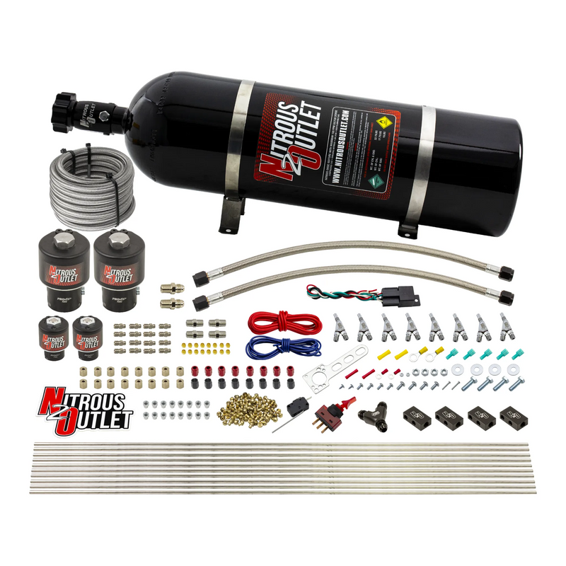 Nitrous Outlet 8 Cylinder Direct Port System - Two .178 Trashcan Nitrous Solenoids/Two .177 Fuel Solenoids/Compact Distribution Blocks/Compression Fittings/Annular Discharge Nozzles (E85)(45-55 psi)(100-400HP)(15lb Bottle)