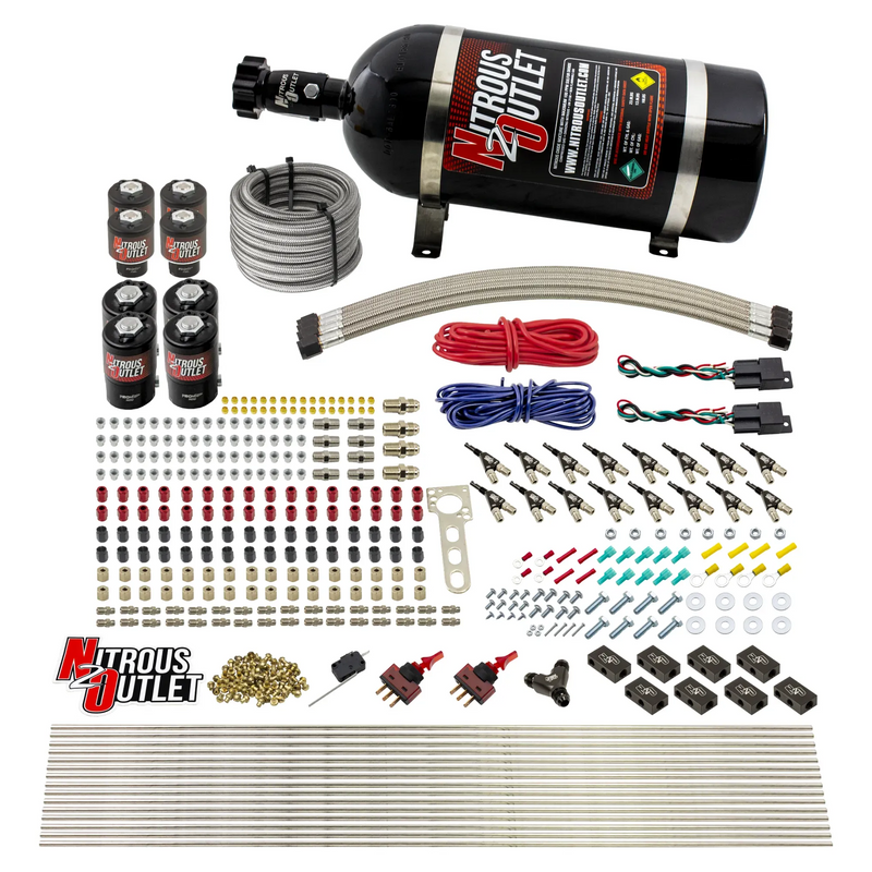 Nitrous Outlet 8 Cylinder Dual Stage Direct Port System - Four .122 Nitrous Solenoids/Four .177 Fuel Solenoids/Compact Distribution Blocks/Compression Fittings/90 Degree Discharge Nozzles (Gas)(45-55 psi)(100-400HP)(10lb Bottle)