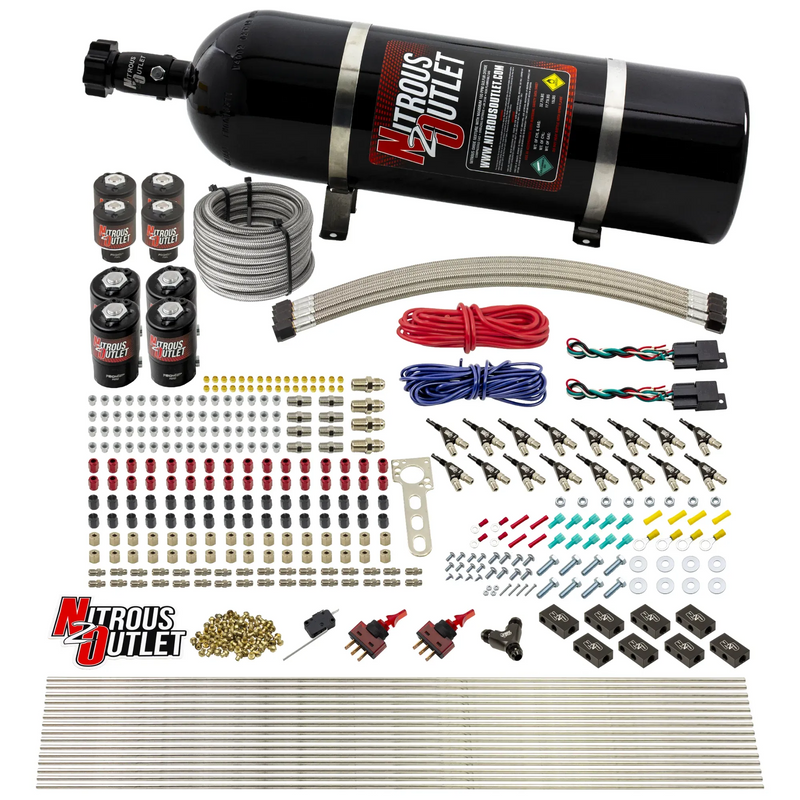 Nitrous Outlet 8 Cylinder Dual Stage Direct Port System - Four .122 Nitrous Solenoids/Four .177 Fuel Solenoids/Compact Distribution Blocks/Compression Fittings/90 Degree Discharge Nozzles (Gas)(45-55 psi)(100-400HP)(15lb Bottle)