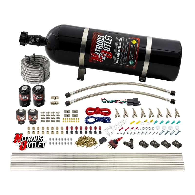 Nitrous Outlet 8 Cylinder Direct Port System - Two .122 Nitrous Solenoids/Two .177 Fuel Solenoids/Compact Distribution Blocks/Compression Fittings/Annular Discharge Nozzles (Gas)(45-55 psi)(100-400HP)(15lb Bottle)