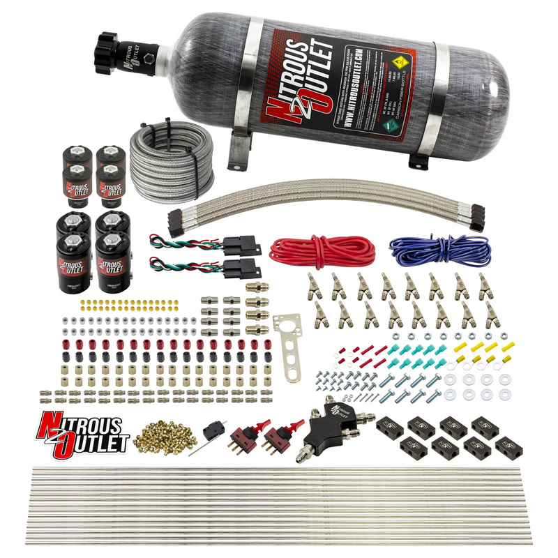 Nitrous Outlet 8 Cylinder Dual Stage Direct Port System - Four .122 Nitrous Solenoids/Four .177 Fuel Solenoids/Compact Distribution Blocks/Compression Fittings/Annular Discharge Nozzles (Gas)(45-55 psi)(100-400HP)(12lb Bottle)