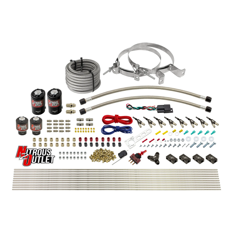Nitrous Outlet 8 Cylinder Direct Port System - Two .112 Nitrous Solenoids/Two .177 Fuel Solenoids/Compact Distribution Blocks/Compression Fittings/90 Degree Discharge Nozzles (Gas)(45-55 psi)(100-400HP)(No Bottle)
