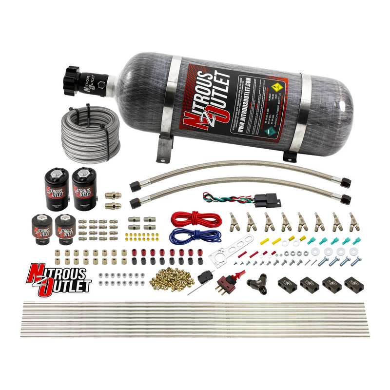 Nitrous Outlet 8 Cylinder Direct Port System - Two .112 Nitrous Solenoids/Two .177 Fuel Solenoids/Compact Distribution Blocks/Compression Fittings/Annular Discharge Nozzles (Gas)(45-55 psi)(100-400HP)(12lb Bottle)