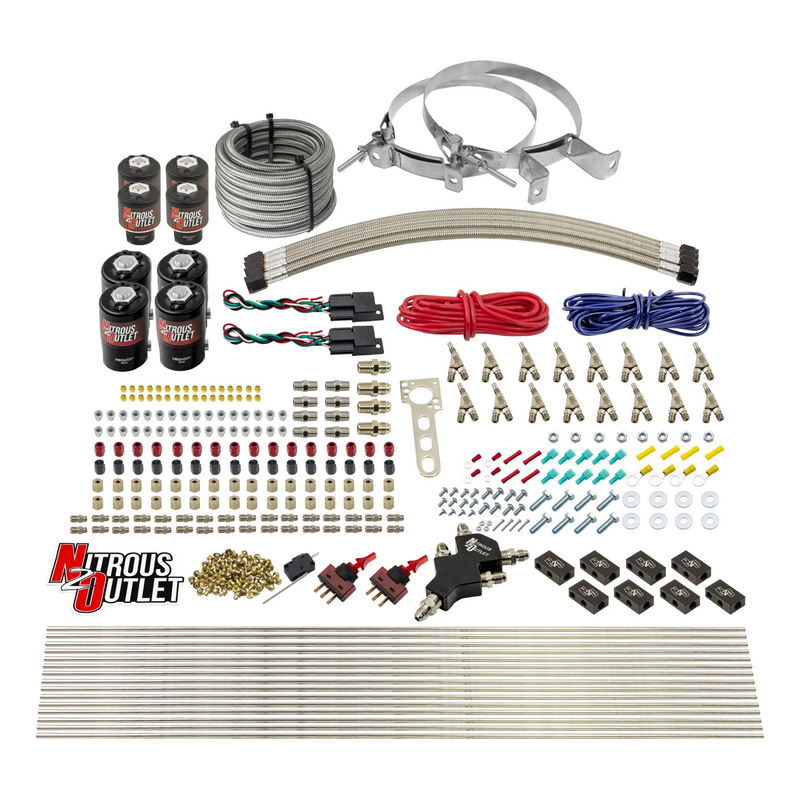 Nitrous Outlet 8 Cylinder Dual Stage Direct Port System - Four .112 Nitrous Solenoids/Four .177 Fuel Solenoids/Compact Distribution Blocks/Compression Fittings/Annular Discharge Nozzles (Gas)(45-55 psi)(100-400HP)(No Bottle)