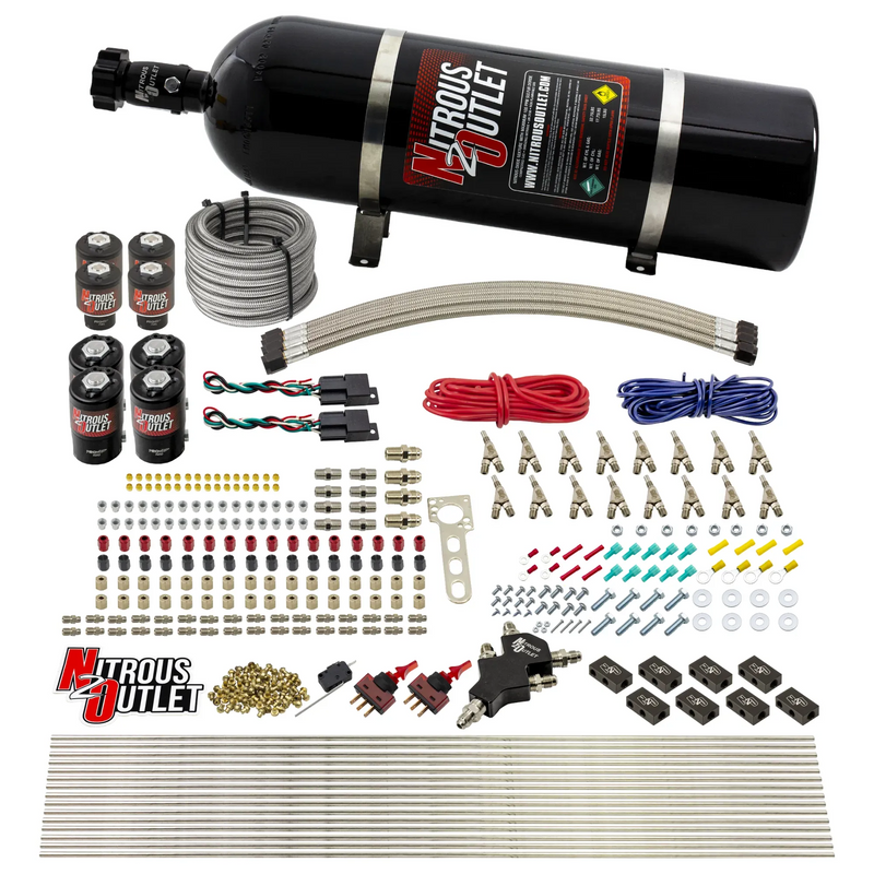 Nitrous Outlet 8 Cylinder Dual Stage Direct Port System - Four .112 Nitrous Solenoids/Four .177 Fuel Solenoids/Compact Distribution Blocks/Compression Fittings/Annular Discharge Nozzles (Gas)(45-55 psi)(100-400HP)(15lb Bottle)