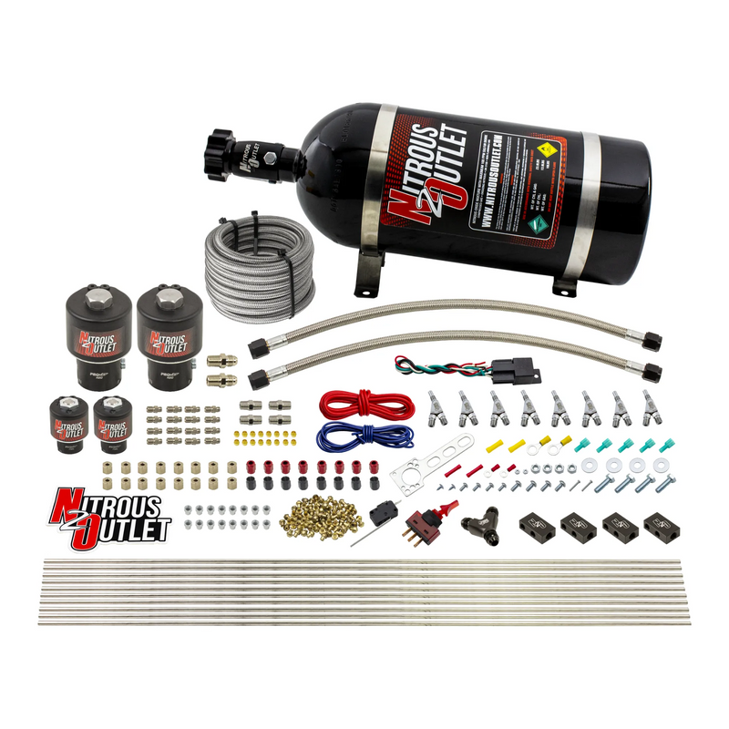 Nitrous Outlet 8 Cylinder Direct Port System - Two .178 Trashcan Nitrous Solenoids/Two .177 Fuel Solenoids/Compact Distribution Blocks/Compression Fittings/Annular Discharge Nozzles (Gas)(45-55 psi)(100-400HP)(10lb Bottle)