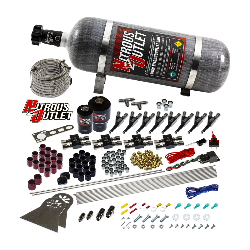 Nitrous Outlet 8 Cylinder Direct Port System - Two .178 Trashcan Nitrous Solenoids/Two .310 Fuel Solenoids/Compact Distribution Blocks/Compression Fittings/90 Degree Discharge Nozzles (Gas)(5-7-10 psi)(100-400 HP)(12lb Bottle)