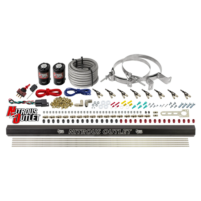 Nitrous Outlet 8 Cylinder Direct Port System - .122 Nitrous Solenoid/.310 Fuel Solenoid/Dual Passage Injection Rail/90 Degree Discharge Nozzles (Alcohol)(5-7-10 psi)(100-400HP)(No Bottle)