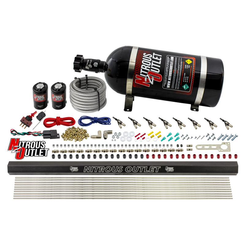 Nitrous Outlet 8 Cylinder Direct Port System - .122 Nitrous Solenoid/.310 Fuel Solenoid/Dual Passage Injection Rail/90 Degree Discharge Nozzles (E85)(5-7-10 psi)(100-400HP)(10lb Bottle)