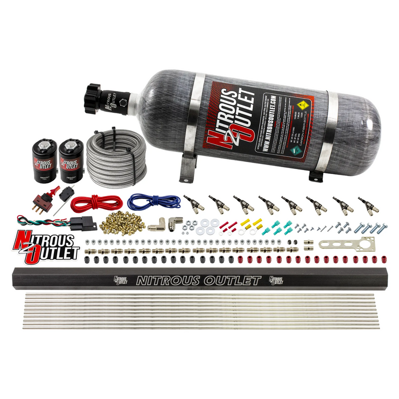 Nitrous Outlet 8 Cylinder Direct Port System - .122 Nitrous Solenoid/.310 Fuel Solenoid/Dual Passage Injection Rail/90 Degree Discharge Nozzles (E85)(5-7-10 psi)(100-400HP)(12lb Bottle)