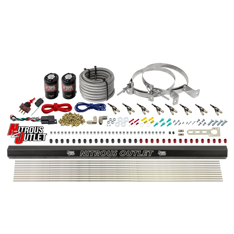 Nitrous Outlet 8 Cylinder Direct Port System - .122 Nitrous Solenoid/.310 Fuel Solenoid/Dual Passage Injection Rail/90 Degree Discharge Nozzles (Gas)(5-7-10 psi)(100-400HP)(No Bottle)