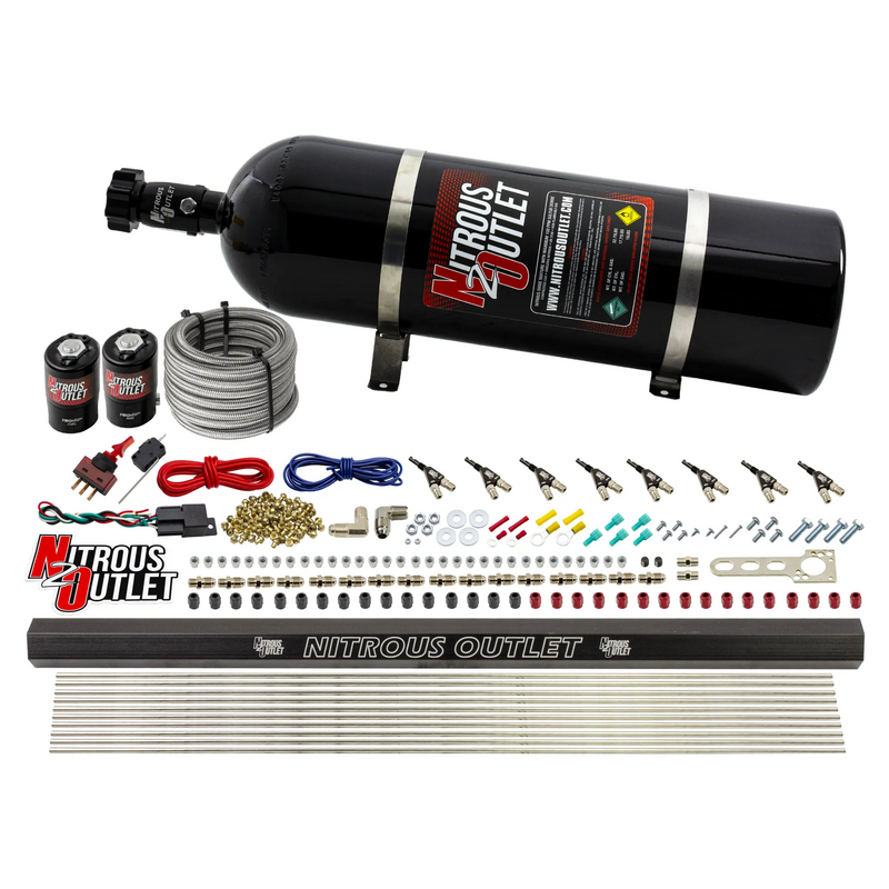 Nitrous Outlet 8 Cylinder Direct Port System - .122 Nitrous Solenoid/.310 Fuel Solenoid/Dual Passage Injection Rail/90 Degree Discharge Nozzles (Gas)(45-55 psi)(100-400HP)(15lb Bottle)