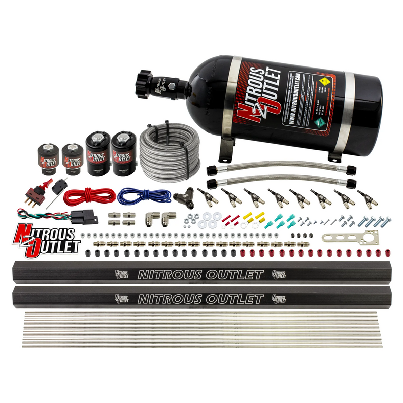 Nitrous Outlet 8 Cylinder Direct Port System - Two .122 Nitrous Solenoids/Two .177 Fuel Solenoids/Two Dual Passage Injection Rails/90 Degree Discharge Nozzles (Alcohol)(5-7-10 psi)(100-400HP)(10lb Bottle)