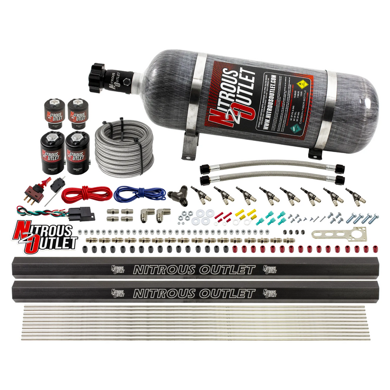 Nitrous Outlet 8 Cylinder Direct Port System - Two .122 Nitrous Solenoids/Two .177 Fuel Solenoids/Two Dual Passage Injection Rails/90 Degree Discharge Nozzles (Alcohol)(5-7-10 psi)(100-400HP)(12lb Bottle)