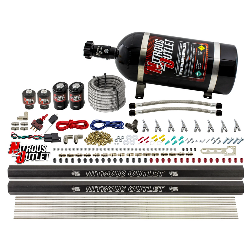 Nitrous Outlet 8 Cylinder Direct Port System - Two .122 Nitrous Solenoids/Two .177 Fuel Solenoids/Two Dual Passage Injection Rails/Annular Discharge Nozzles (Alcohol)(5-7-10 psi)(100-400HP)(10lb Bottle)