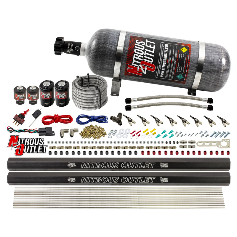 Nitrous Outlet 8 Cylinder Direct Port System - Two .112 Nitrous Solenoids/Two .177 Fuel Solenoids/Two Dual Passage Injection Rails/90 Degree Discharge Nozzles (Alcohol)(5-7-10 psi)(100-400HP)(12lb Bottle)