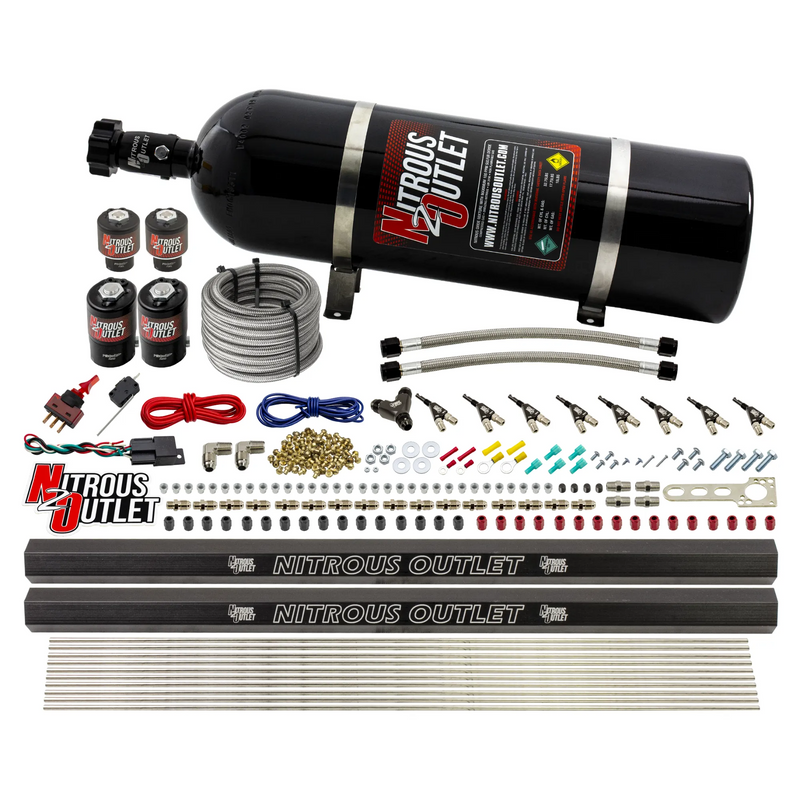 Nitrous Outlet 8 Cylinder Direct Port System - Two .112 Nitrous Solenoids/Two .177 Fuel Solenoids/Two Dual Passage Injection Rails/90 Degree Discharge Nozzles (Alcohol)(5-7-10 psi)(100-400HP)(15lb Bottle)