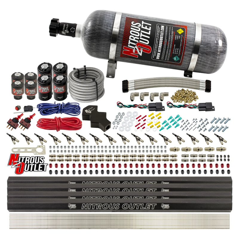Nitrous Outlet 8 Cylinder Dual Stage Direct Port System - Four .112 Nitrous Solenoids/Four .177 Fuel Solenoids/Four Dual Passage Injection Rails/90 Degree Discharge Nozzles (Alcohol)(5-7-10 psi)(100-400HP)(12lb Bottle)