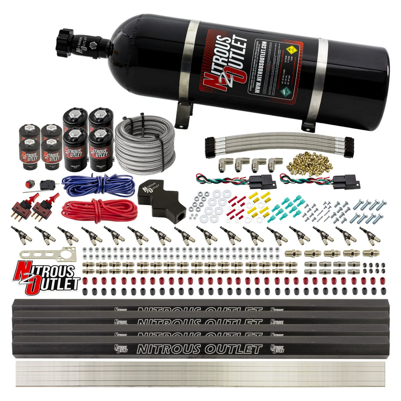 Nitrous Outlet 8 Cylinder Dual Stage Direct Port System - Four .112 Nitrous Solenoids/Four .177 Fuel Solenoids/Four Dual Passage Injection Rails/90 Degree Discharge Nozzles (Alcohol)(5-7-10 psi)(100-400HP)(15lb Bottle)