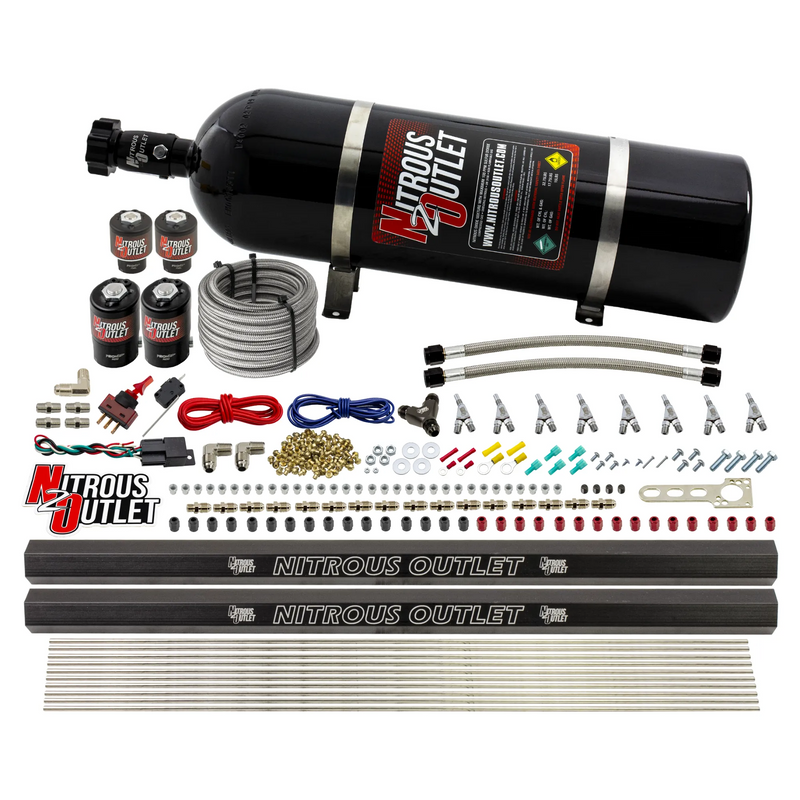 Nitrous Outlet 8 Cylinder Direct Port System - Two .112 Nitrous Solenoids/Two .177 Fuel Solenoids/Two Dual Passage Injection Rails/Annular Discharge Nozzles (Alcohol)(5-7-10 psi)(100-400HP)(15lb Bottle)