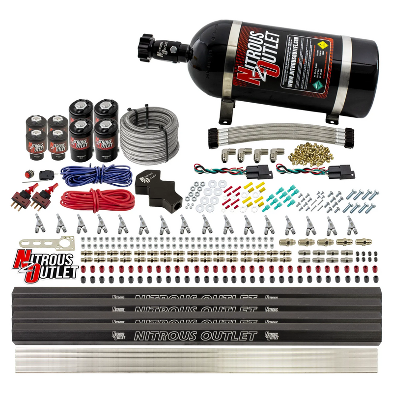 Nitrous Outlet 8 Cylinder Dual Stage Direct Port System - Four .112 Nitrous Solenoids/Four .177 Fuel Solenoids/Four Dual Passage Injection Rails/Annular Discharge Nozzles (Alcohol)(5-7-10 psi)(100-400HP)(10lb Bottle)