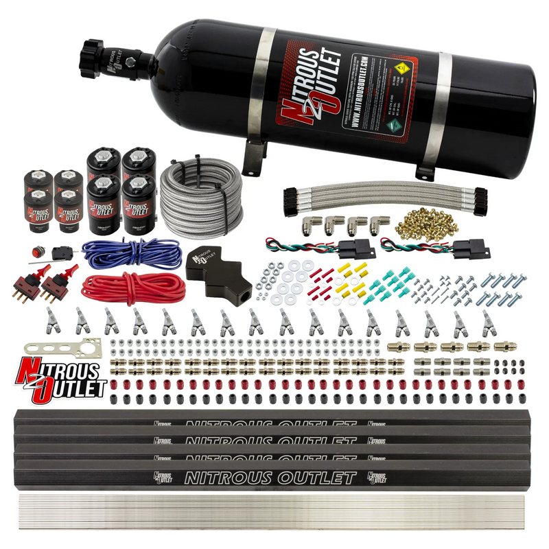 Nitrous Outlet 8 Cylinder Dual Stage Direct Port System - Four .112 Nitrous Solenoids/Four .177 Fuel Solenoids/Four Dual Passage Injection Rails/Annular Discharge Nozzles (Alcohol)(5-7-10 psi)(100-400HP)(15lb Bottle)