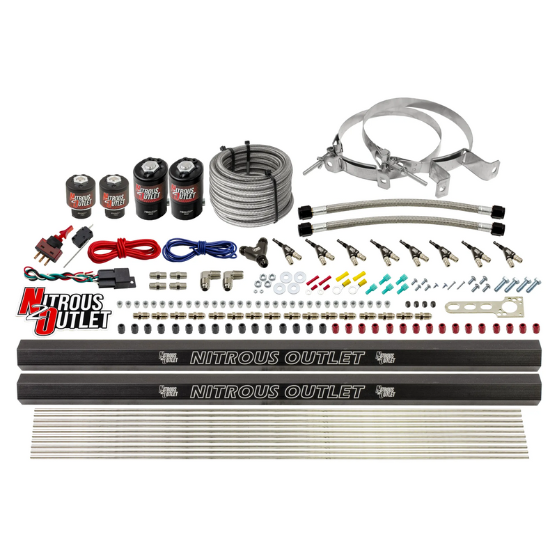 Nitrous Outlet 8 Cylinder Direct Port System - Two .122 Nitrous Solenoids/Two .177 Fuel Solenoids/Two Dual Passage Injection Rails/90 Degree Discharge Nozzles (E85)(5-7-10 psi)(100-400HP)(No Bottle)