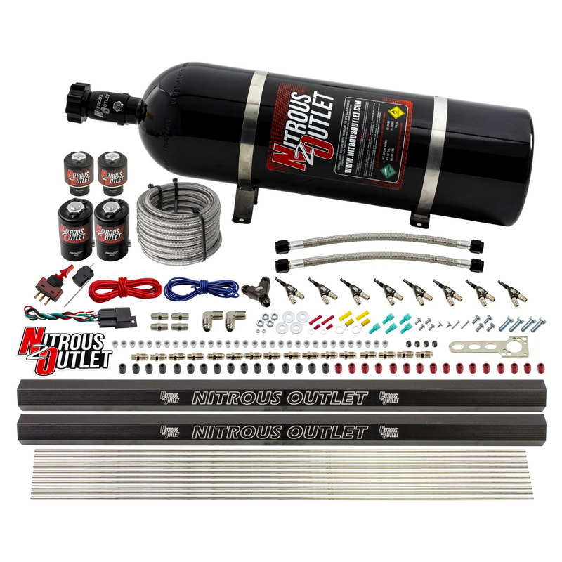 Nitrous Outlet 8 Cylinder Direct Port System - Two .122 Nitrous Solenoids/Two .177 Fuel Solenoids/Two Dual Passage Injection Rails/90 Degree Discharge Nozzles (E85)(5-7-10 psi)(100-400HP)(15lb Bottle)