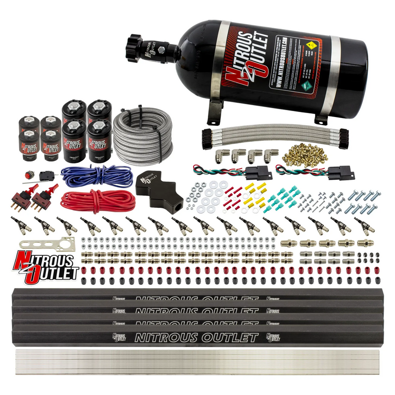 Nitrous Outlet 8 Cylinder Dual Stage Direct Port System - Four .112 Nitrous Solenoids/Four .177 Fuel Solenoids/Four Dual Passage Injection Rails/90 Degree Discharge Nozzles (E85)(5-7-10 psi)(100-400HP)(10lb Bottle)
