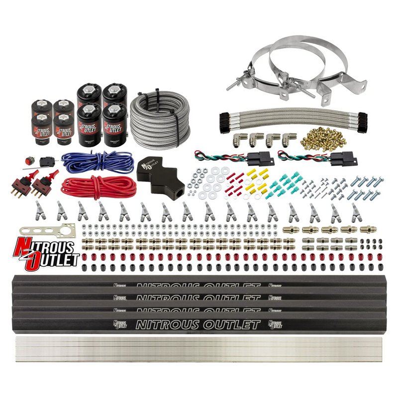 Nitrous Outlet 8 Cylinder Dual Stage Direct Port System - Four .112 Nitrous Solenoids/Four .177 Fuel Solenoids/Four Dual Passage Injection Rails/Annular Discharge Nozzles (E85)(5-7-10 psi)(100-400HP)(No Bottle)
