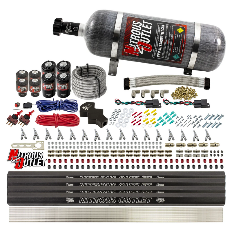 Nitrous Outlet 8 Cylinder Dual Stage Direct Port System - Four .112 Nitrous Solenoids/Four .177 Fuel Solenoids/Four Dual Passage Injection Rails/Annular Discharge Nozzles (E85)(5-7-10 psi)(100-400HP)(12lb Bottle)