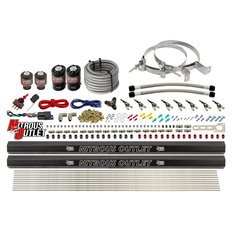 Nitrous Outlet 8 Cylinder Direct Port System - Two .112 Nitrous Solenoids/Two .177 Fuel Solenoids/Two Dual Passage Injection Rails/90 Degree Discharge Nozzles (Gas)(5-7-10 psi)(100-400HP)(No Bottle)