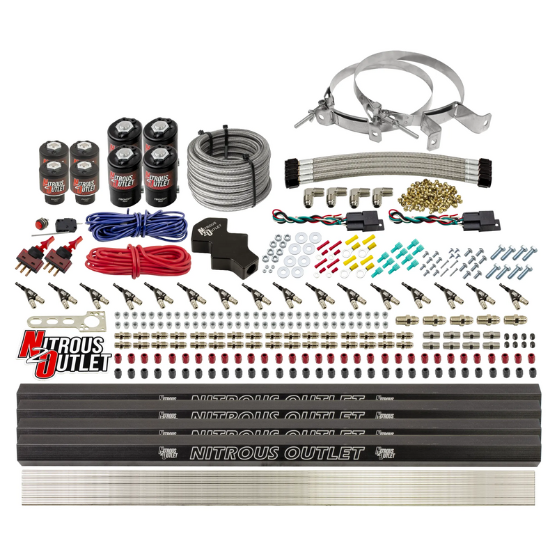 Nitrous Outlet 8 Cylinder Dual Stage Direct Port System - Four .112 Nitrous Solenoids/Four .177 Fuel Solenoids/Four Dual Passage Injection Rails/90 Degree Discharge Nozzles (Gas)(5-7-10 psi)(100-400HP)(No Bottle)