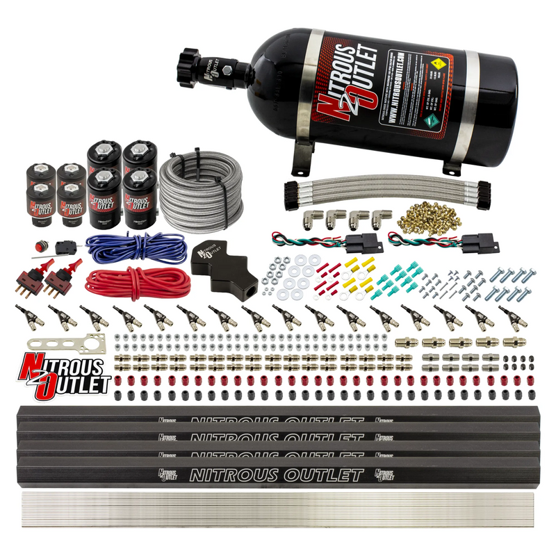 Nitrous Outlet 8 Cylinder Dual Stage Direct Port System - Four .112 Nitrous Solenoids/Four .177 Fuel Solenoids/Four Dual Passage Injection Rails/90 Degree Discharge Nozzles (Gas)(5-7-10 psi)(100-400HP)(10lb Bottle)