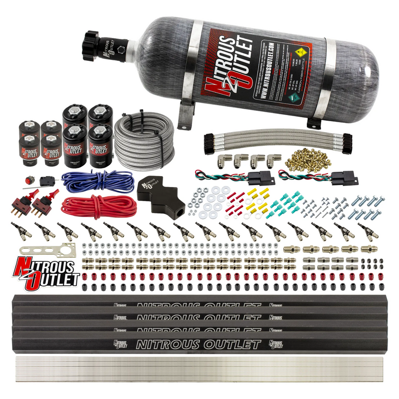 Nitrous Outlet 8 Cylinder Dual Stage Direct Port System - Four .112 Nitrous Solenoids/Four .177 Fuel Solenoids/Four Dual Passage Injection Rails/90 Degree Discharge Nozzles (Gas)(5-7-10 psi)(100-400HP)(12lb Bottle)