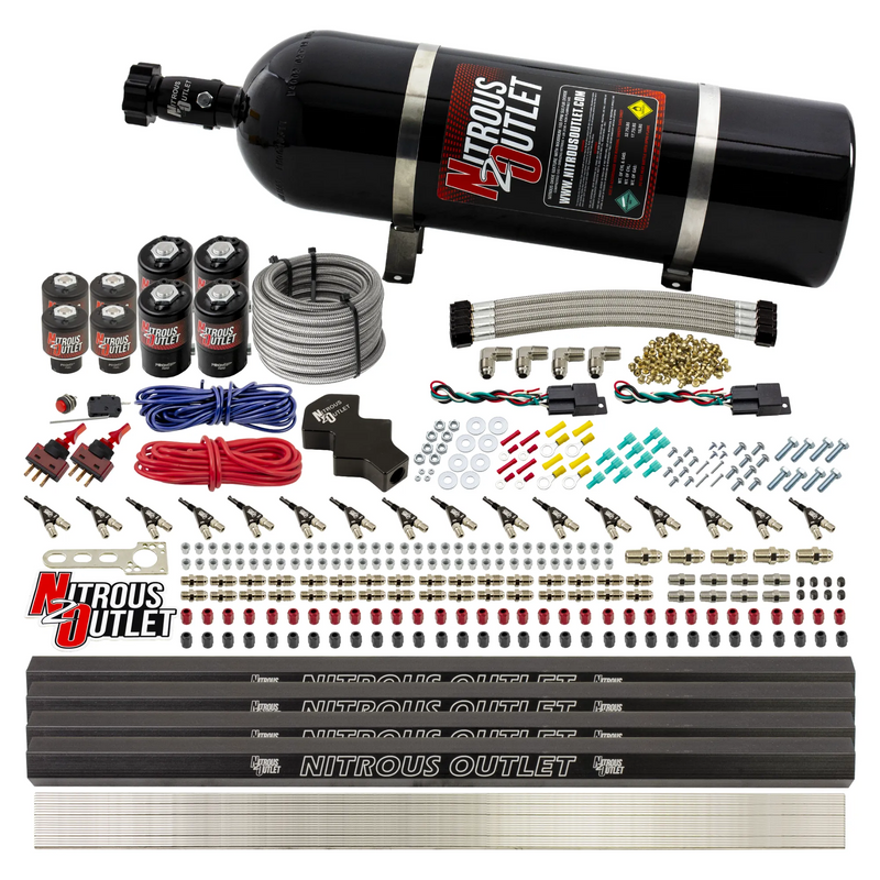 Nitrous Outlet 8 Cylinder Dual Stage Direct Port System - Four .112 Nitrous Solenoids/Four .177 Fuel Solenoids/Four Dual Passage Injection Rails/90 Degree Discharge Nozzles (Gas)(5-7-10 psi)(100-400HP)(15lb Bottle)