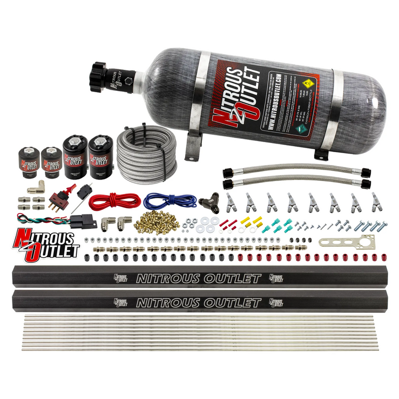 Nitrous Outlet 8 Cylinder Direct Port System - Two .112 Nitrous Solenoids/Two .177 Fuel Solenoids/Two Dual Passage Injection Rails/Annular Discharge Nozzles (Gas)(5-7-10 psi)(100-400HP)(12lb Bottle)