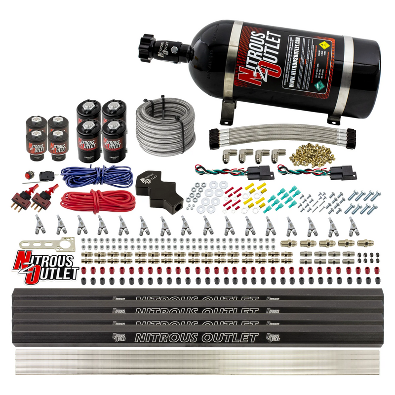 Nitrous Outlet 8 Cylinder Dual Stage Direct Port System - Four .112 Nitrous Solenoids/Four .177 Fuel Solenoids/Four Dual Passage Injection Rails/Annular Discharge Nozzles (Gas)(5-7-10 psi)(100-400HP)(10lb Bottle)