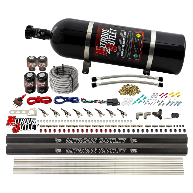Nitrous Outlet 8 Cylinder Direct Port System - Two .122 Nitrous Solenoids/Two .177 Fuel Solenoids/Two Dual Passage Injection Rails/90 Degree Discharge Nozzles (E85)(45-55 psi)(100-400HP)(15lb Bottle)