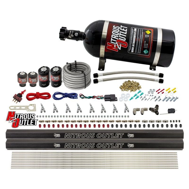 Nitrous Outlet 8 Cylinder Direct Port System - Two .122 Nitrous Solenoids/Two .177 Fuel Solenoids/Two Dual Passage Injection Rails/Annular Discharge Nozzles (E85)(45-55 psi)(100-400HP)(10lb Bottle)