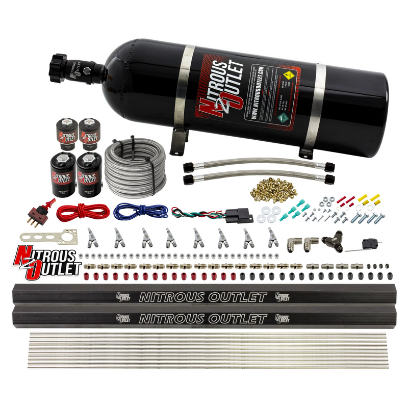 Nitrous Outlet 8 Cylinder Direct Port System - Two .122 Nitrous Solenoids/Two .177 Fuel Solenoids/Two Dual Passage Injection Rails/Annular Discharge Nozzles (E85)(45-55 psi)(100-400HP)(15lb Bottle)