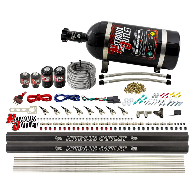 Nitrous Outlet 8 Cylinder Direct Port System - Two .112 Nitrous Solenoids/Two .177 Fuel Solenoids/Two Dual Passage Injection Rails/90 Degree Discharge Nozzles (E85)(45-55 psi)(100-400HP)(10lb Bottle)