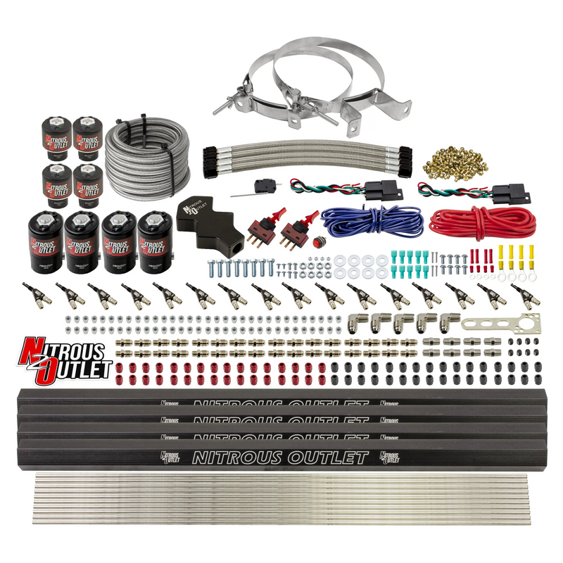 Nitrous Outlet 8 Cylinder Dual Stage Direct Port System - Four .112 Nitrous Solenoids/Four .177 Fuel Solenoids/Four Dual Passage Injection Rails/90 Degree Discharge Nozzles (E85)(45-55 psi)(100-400HP)(No Bottle)