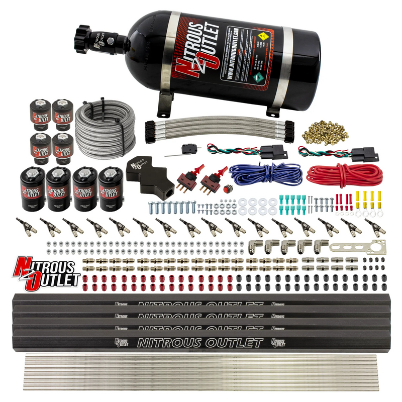 Nitrous Outlet 8 Cylinder Dual Stage Direct Port System - Four .112 Nitrous Solenoids/Four .177 Fuel Solenoids/Four Dual Passage Injection Rails/90 Degree Discharge Nozzles (E85)(45-55 psi)(100-400HP)(10lb Bottle)