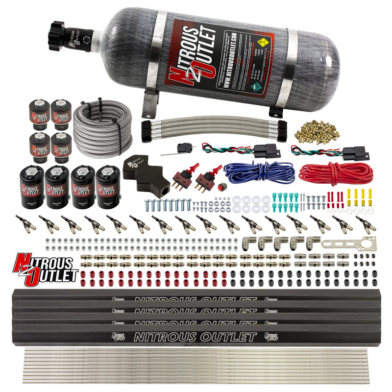 Nitrous Outlet 8 Cylinder Dual Stage Direct Port System - Four .112 Nitrous Solenoids/Four .177 Fuel Solenoids/Four Dual Passage Injection Rails/90 Degree Discharge Nozzles (E85)(45-55 psi)(100-400HP)(12lb Bottle)